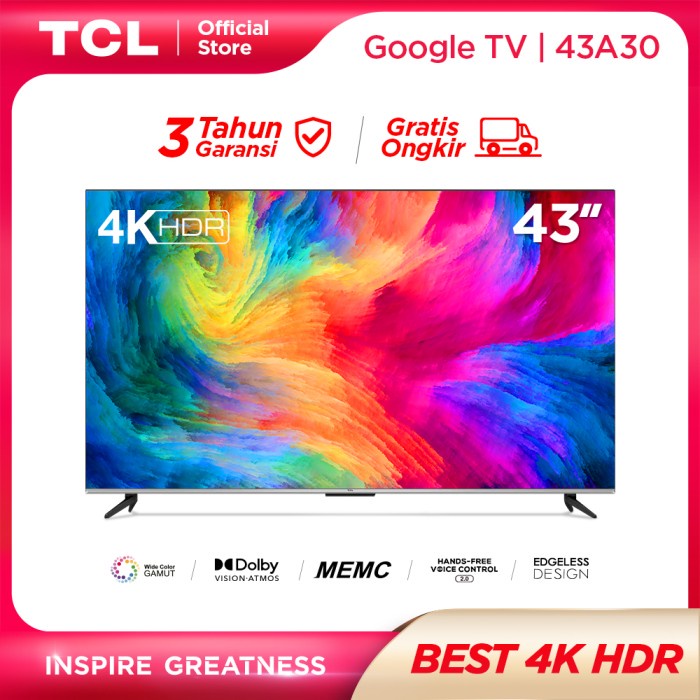 TCL 43 inch Smart TV-4K UHD-Dolby-Atmos-HFVC 2.0 -MEMC- 43A30
