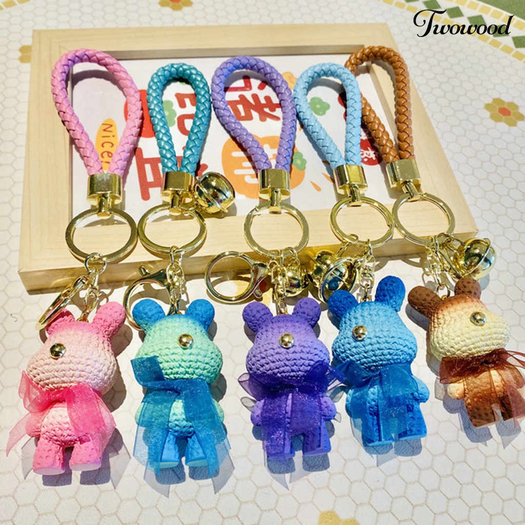 Twowood Bunny Keychain Gradient Color Kartun Stainless Bell Rainbow Colors Menghias Bow-knot Telepon Mobil Pasangan Hadiah Bunny Bag Pendant Koleksi Supply