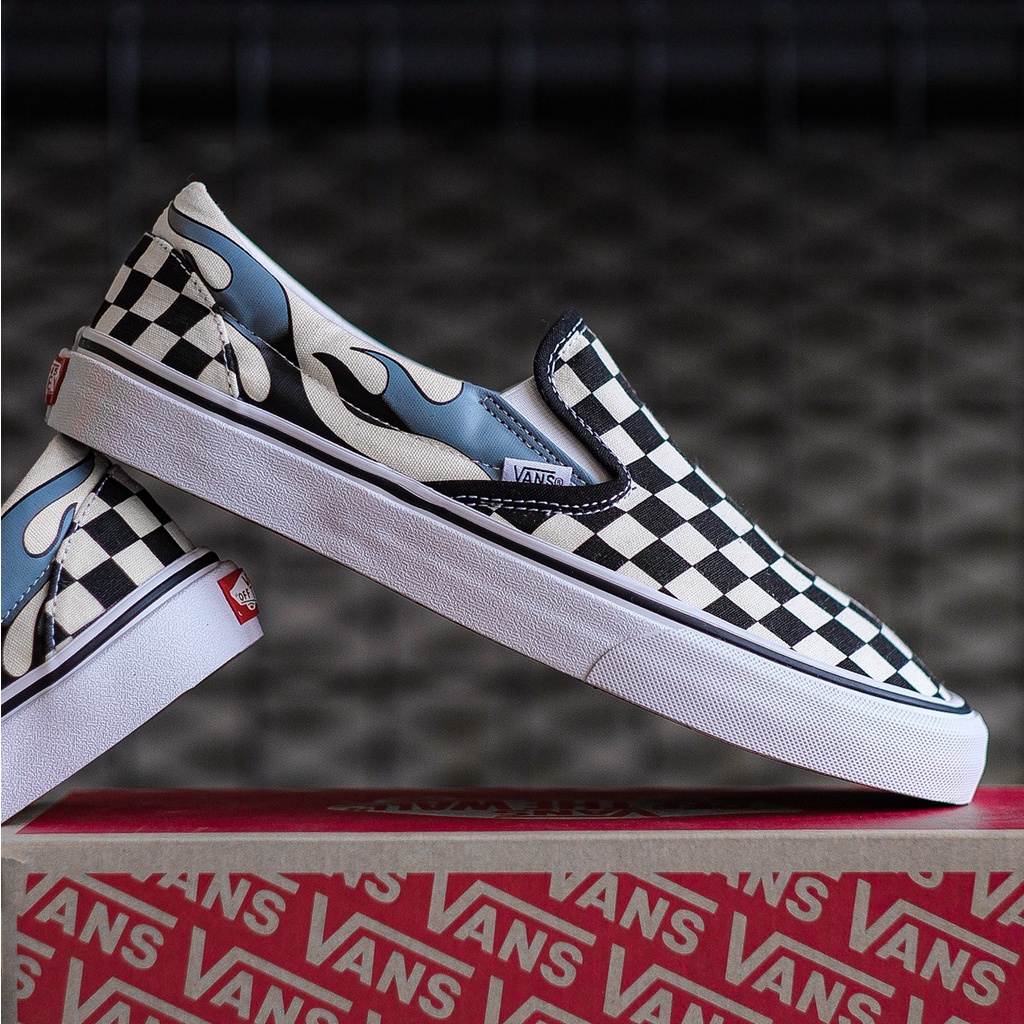 V4NS SLIP-ON CHECKWRBOARD FLAME BLACK/WHITE CLASSIC ORIGINAL 100%