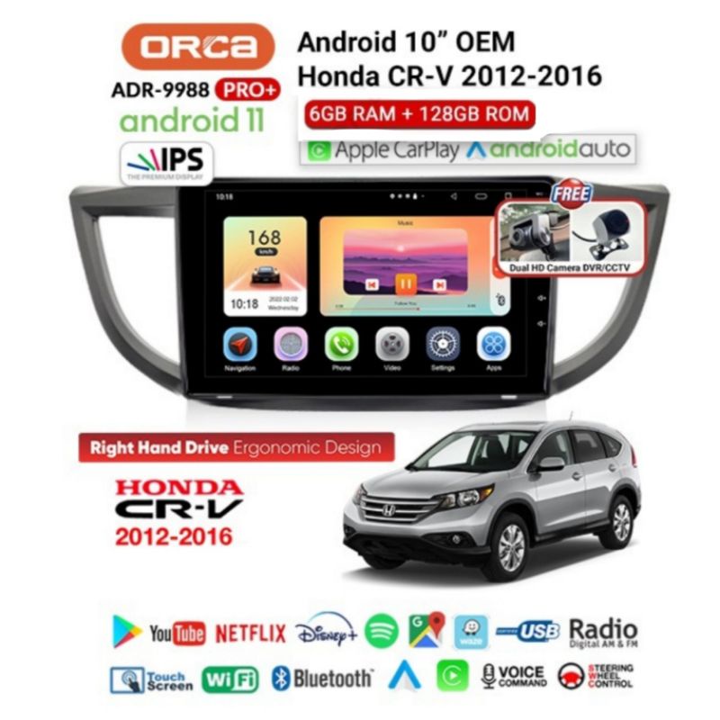 Head Unit ORCA 10 inch ANDROID CRV 2012 CRV 2013 CRV 2014 CRV 2015 ANDROID ORCA PRO PLUS CARPLAY 6 GB / 128 GB