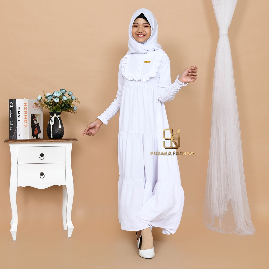 VINA KIDS GAMIS cringkle ANAK perempuan remaja tanggung 9-17 tahun fashion muslim longdress KID girl serut susun modern premium warna putih tulang pink fuchia sage green hitam bata mocca lemon olive broken white gamis putih manasik haji mengaji terbaru