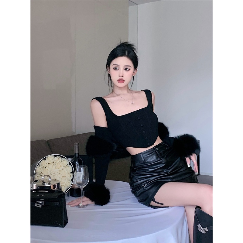 ❃Suhao Hitam Temperamen Berkualitas Tinggi Lengan Panjang Sweater Wanita Musim Gugur 2022 Baru Pakaian Pendek Rajutan Cardigan Top Selendang