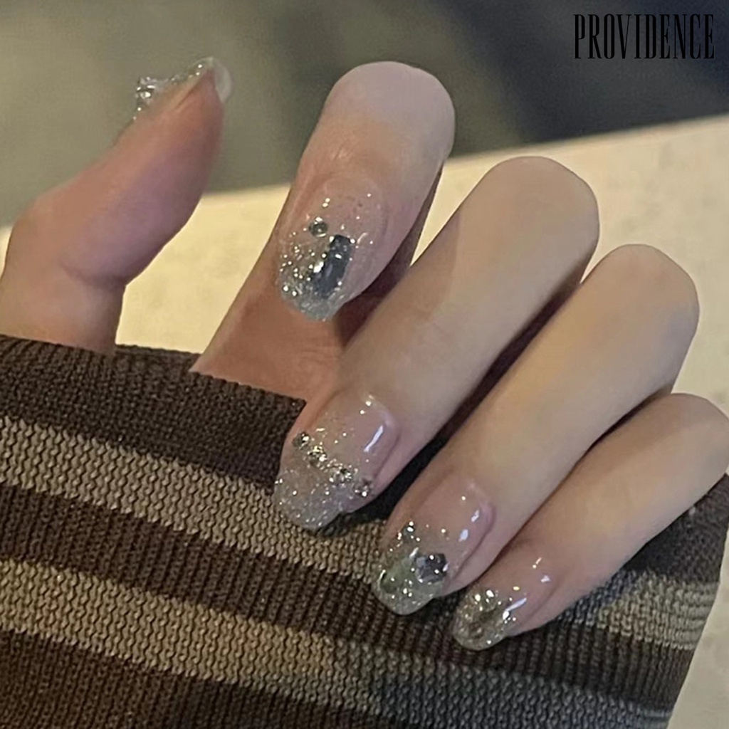Providence 1set Kuku Buatan Mempesona Efek Visual Penuh Penutup Dilepas DIY Berkilau Rusak Faux Diamond Rantai Tekan Pada Pendek Kuku Palsu Salon Pasokan