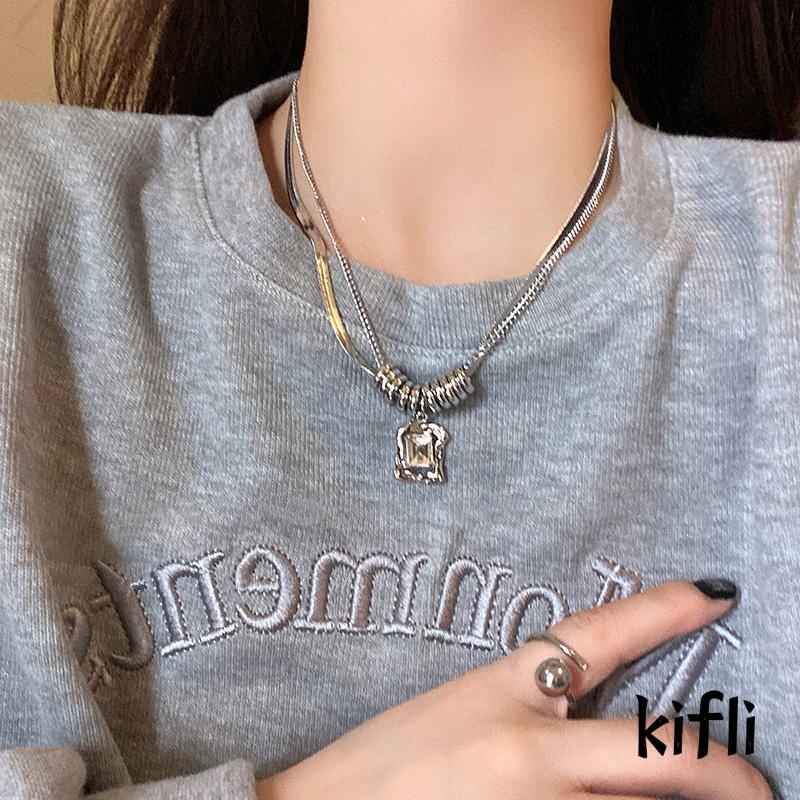 [KD]Sweater Rantai Hip Hop Persegi Zirkon Desain Rasa Double Layer Kalung Wanita /Kalung Rantai Klavikula Bahan Logam