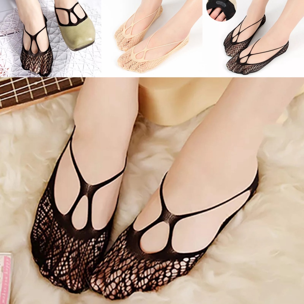 Kaos Kaki Wanita Tapak Lace Jaring Transparan Invisible Socks Kaus Kaki Wanita Flat Shoes Lace Dengan Tali Kaos Kaki Invisible