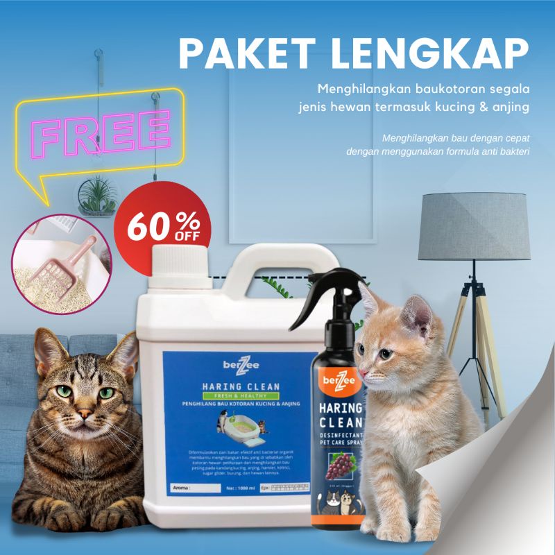 ( HARING CLEAN ) paket lengkap refill 1 Liter dan spray 250 penghilang bau kotoran hewan pesing kandang kucing anjing