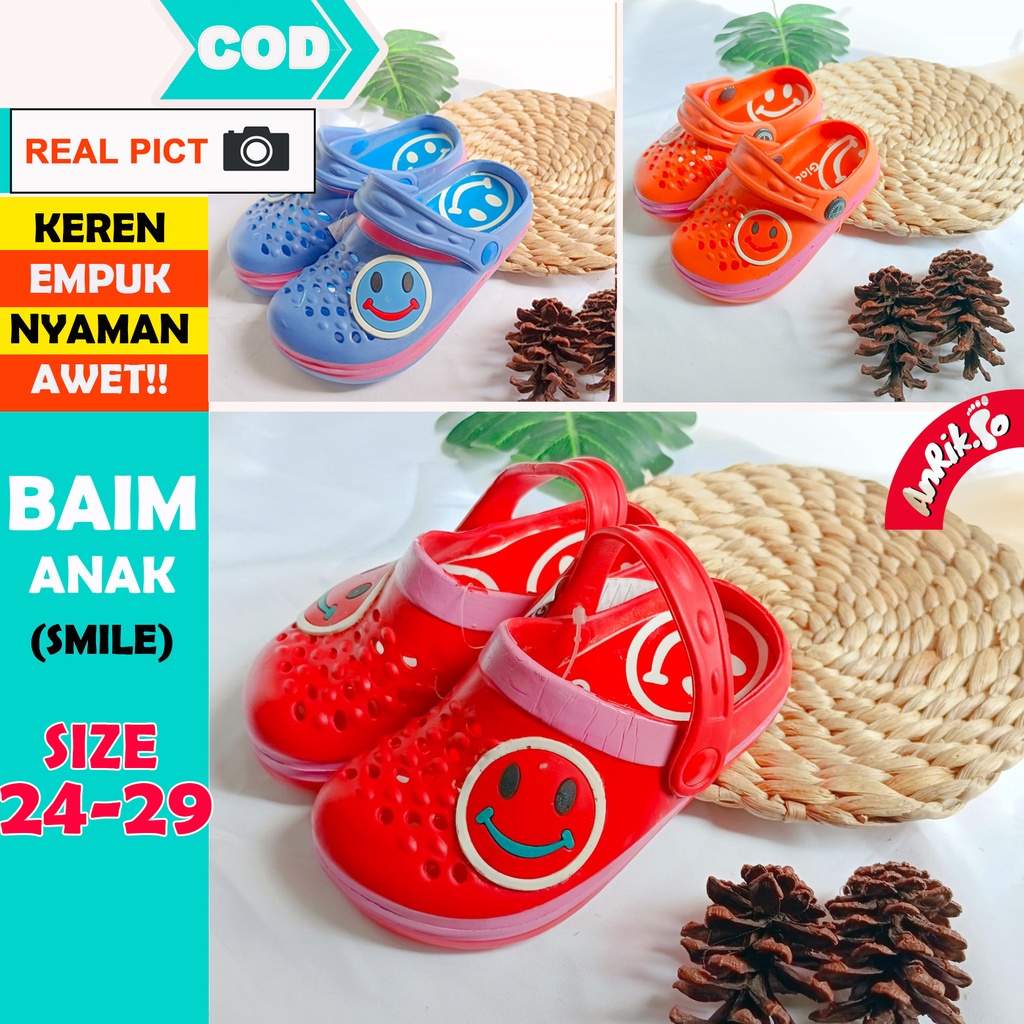 SANDAL ANAK PEREMPUAN LAKI LAKI COWOK CEWEK UKURAN 24-29 | SENDAL SELOP SLOP ANAK BAIM KODOK BAKPAO MOTIF SMILE LUCU KARET EMPUK ANTI SLIP