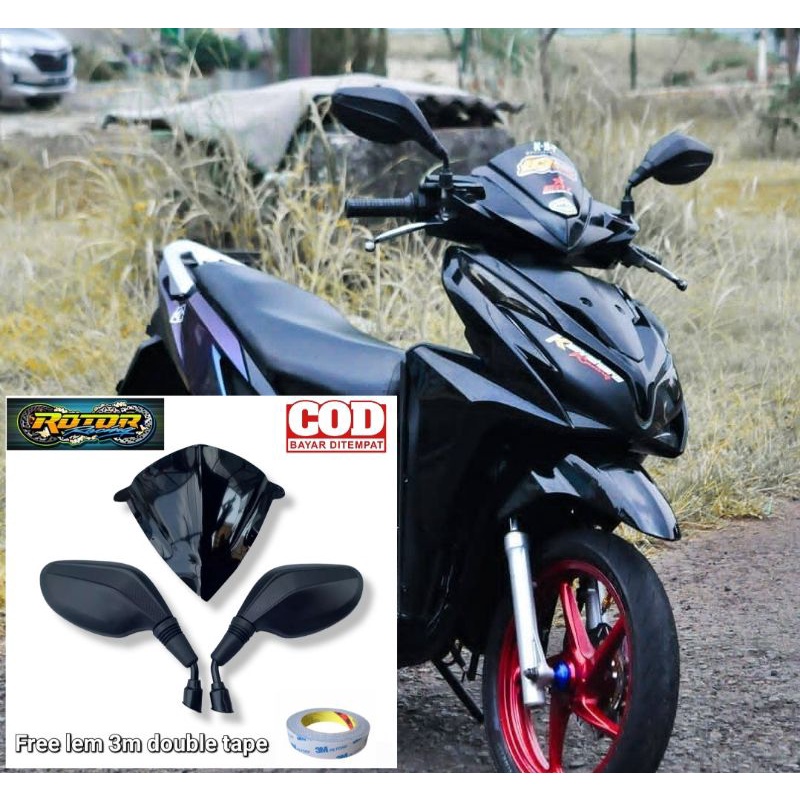 Paket variasi spion click plus visor pnp honda vario 125 fi lama old bahan akrilik hitam free doubel