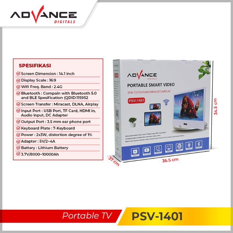 Advance Portable Smart TV Digital 14&quot; / Video / Wifi PSV-1401