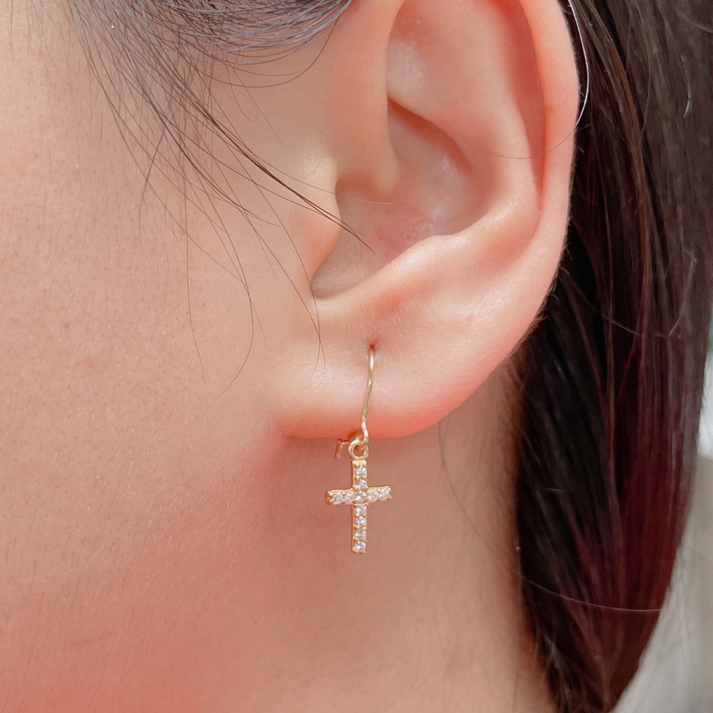 Anting salib anak dan dewasa emas asli kadar 700 70 16k cross desi permata gantung drop giwang kerabu christmas Jesus