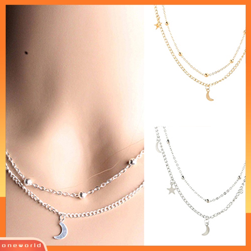 [WONE] Kalung Pendek Dipoles Manik Bintang Sabit Multilayer Sederhana Vintage Wanita