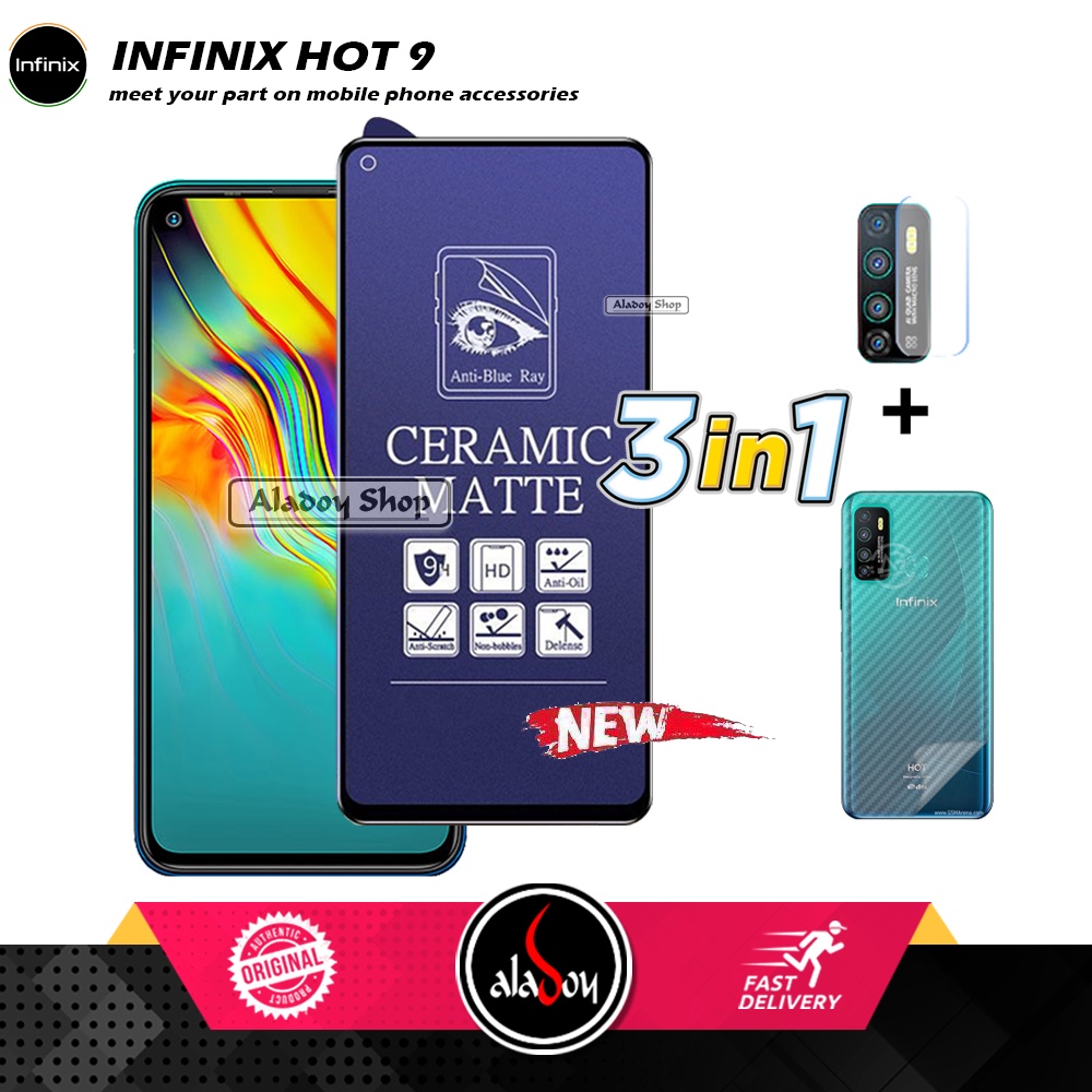 PAKET 3IN1 Anti Gores Blue Matte Anti Glare Infinix Hot 9 + Tempered Glass Camera dan Skin Carbon