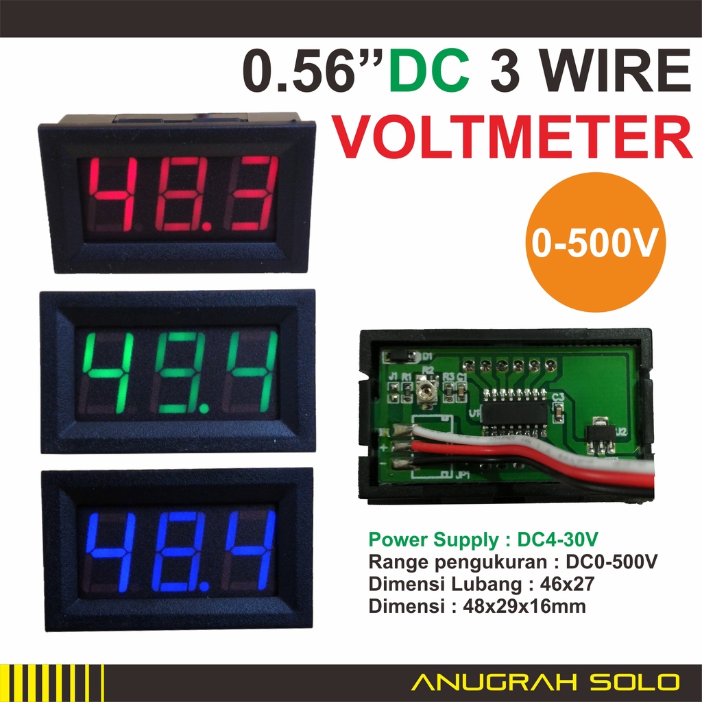 Digital Voltmeter DC 3 Wire 0-500V DC Merah 0.56INCH Volt Meter DC