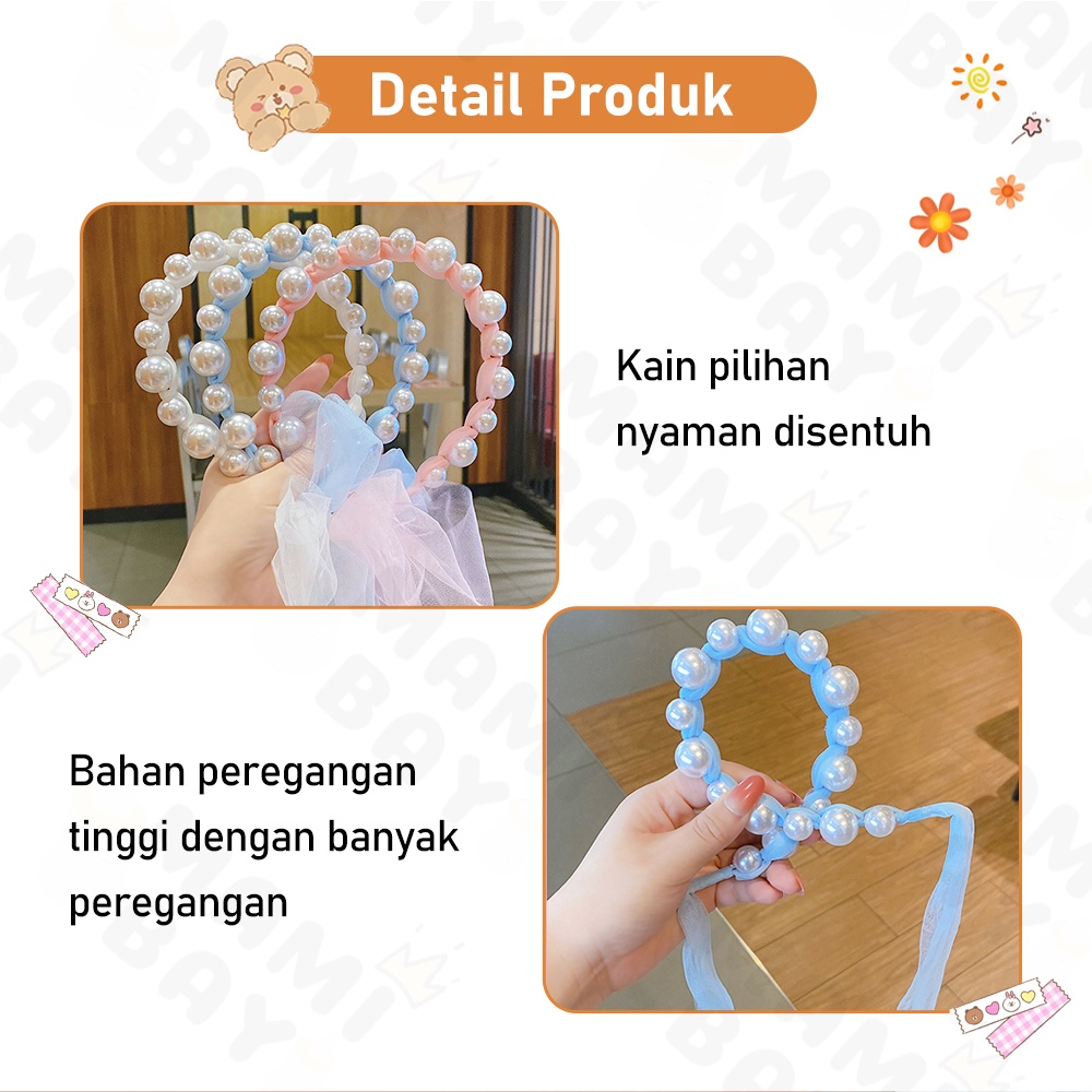 OKEYI Bando Mutiara Korea Pita Tulle Panjang Bisa diikat Bandana Anak Perempuan Fashion