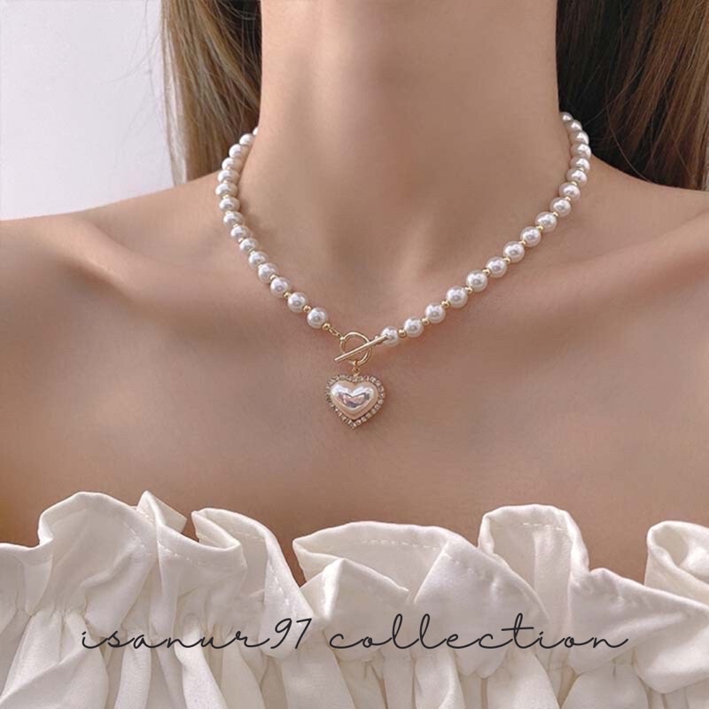 ISANUR97 | Kalung Love Cinta Mutiara Wanita Fashion Korea Elegan Rantai Mewah Liontin Bentuk Hati Vintage Klavikula