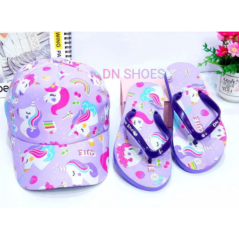 Paket Sandal Anak Perempuan Paket Topi dan Sandal Jepit Anak Perempuan Paket Sandal Flat dan Topi Anak Murah Lucu Karakter Unicorn Ungu Cute