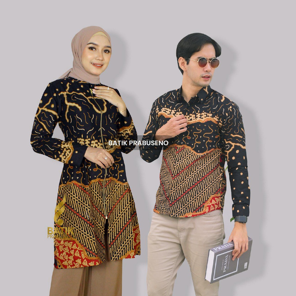 Batik Pria Wanita Motif LANJAR HITAM  Cauple  Printing Slimfit Lengan Panjang Original Kemeja Atasan
