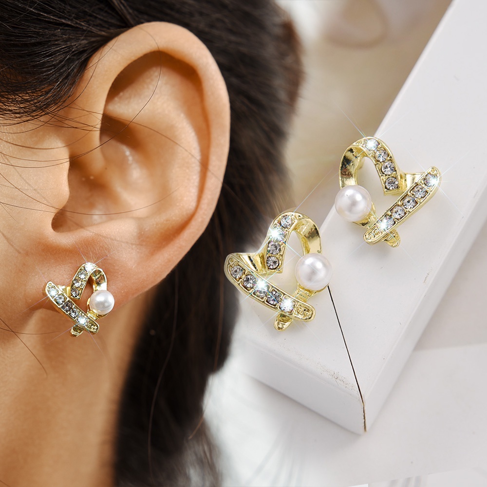 Mewah Zirkon Ladies Wanita Women Stud Earring Mutiara Korea Elegan Gadis Korean INS Lucu Pesta Stud Earrings Pernikahan Cinta Hati