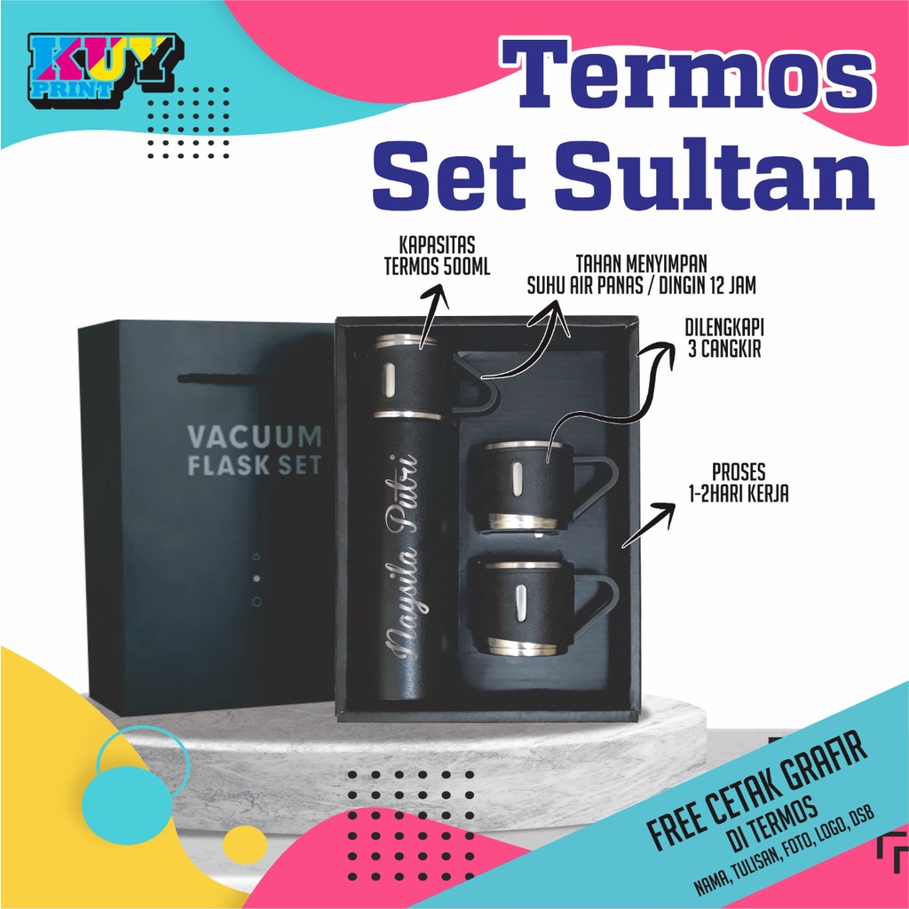 Termos Sultan Vacuum Flask Set/ Botol Minum Cangkir Premium Free Grafir Nama Hampers Gift