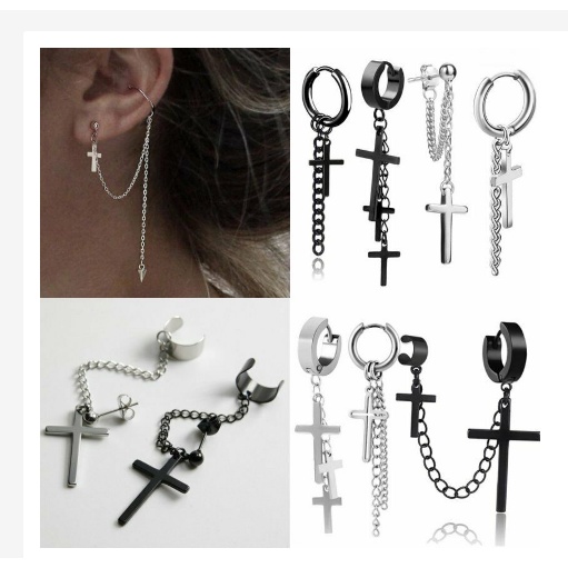 Ready Stock Anting Klip Telinga Salib Halus Anting Korea Hip Hop Anti Karat Hitam Perak Street Gothic Earrings Ear Hypoallergenic Stud Rumbai Chian Punk Pria Wanita Perhiasan