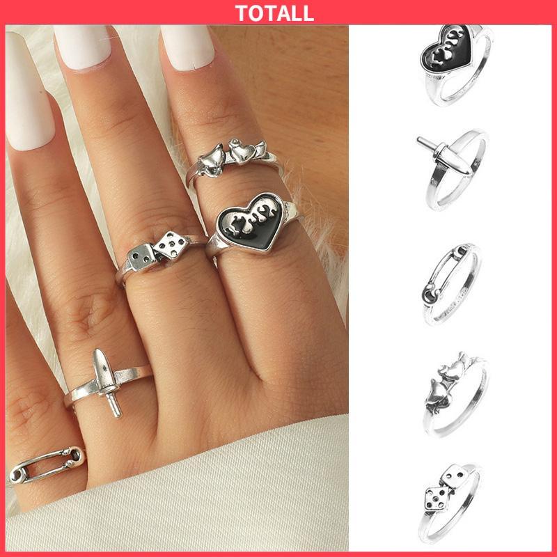 COD Domingo Ring Alloy peniti dadu love pedang retro silver cincin wanita fashion korea 5 set-Totall