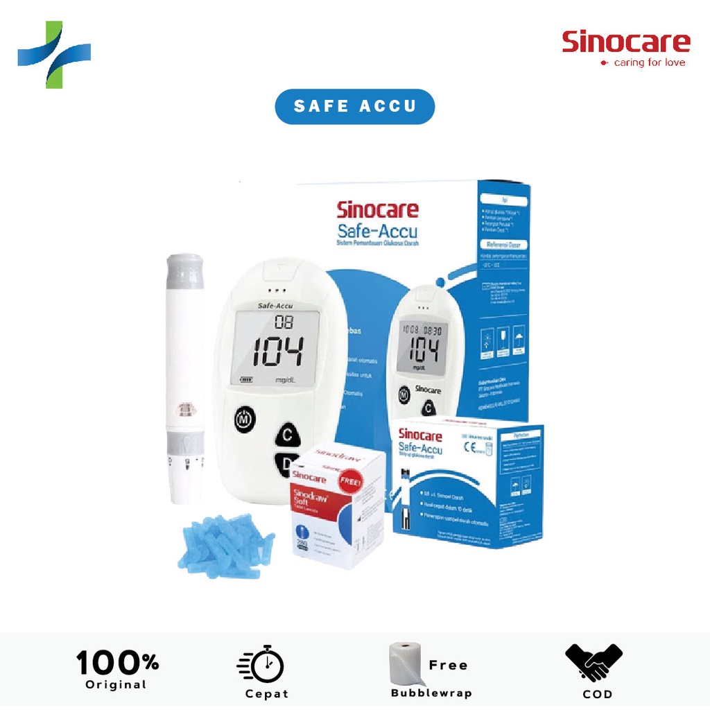 [Paket Lengkap] Alat Cek Gula Darah / Alat Ukur Gula Darah / Alat Tes Gula Darah Sinocare Safe-Accu