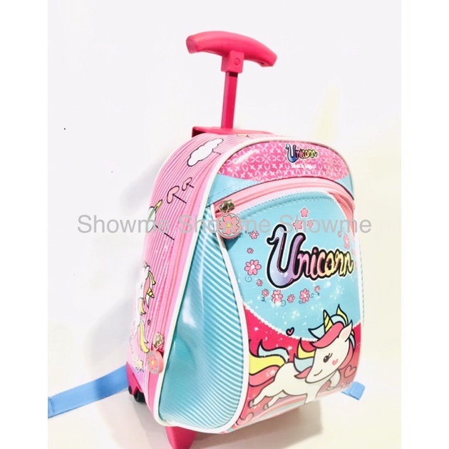SHOWME TROLLEY - TROLI TAS RANSEL DORONGANAK SEKOLAH PAUD KUALITAS PREMIUM - BATOK GAMBAR BUSA KAKU UNICORN MAGIC PINK
