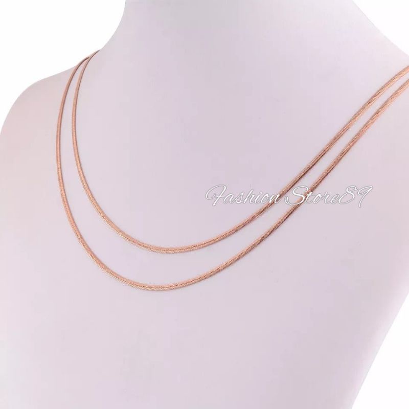 Kalung Rosegold Titanium Bulat Kotak Pipih Gepeng Fashion Wanita 45cm 50cm 60cm Antikarat