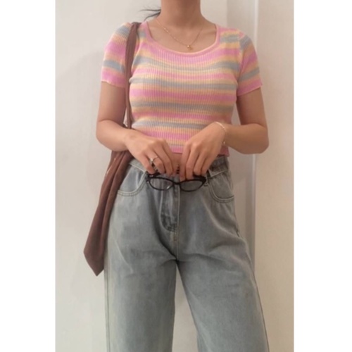 YIU YIU Rajut - Knitwear Crop Top Lengan Pendek Korean Style