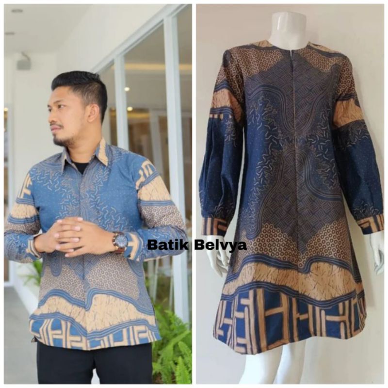 Set couple batik motif ombak biru / Batik sragen / batik solo / dress batik / tunik batik / kemeja b