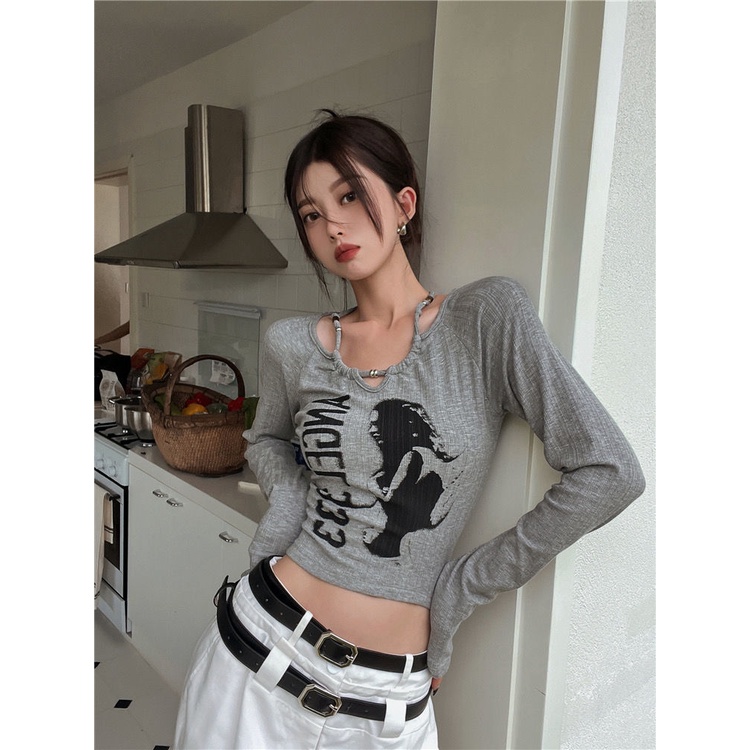 ◆﹍Suhao Rasa Desain Hot Girl Cetak Slim Hitam Lengan Panjang T-shirt Wanita Musim Gugur 2022 Baru Temperamen Slim Pendek top