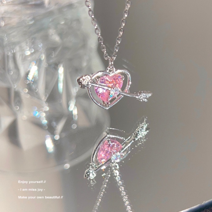 [Harga Grosir]cupid Kalung Tindik Hati/ Sweet Princess Wind Pink Rhinestone Love Kerah Rantai