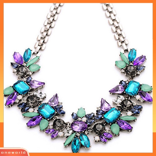 [WONE] Women's Rhinestone Flower Cluster Bib Pendant Choker Rantai Pesona Liontin Kalung