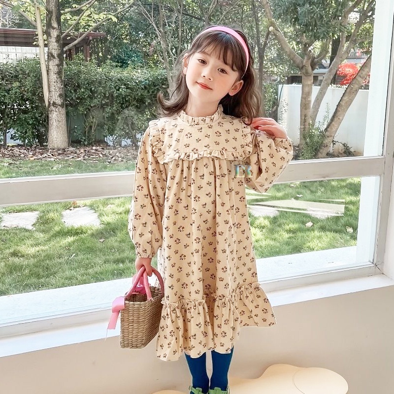 LNR Shop Kids Dress Girl Floral Lengan Panjang Gaun Anak Bayi Perempuan Musim Gugur Musim Dingin Baru Baju Anak Perempuan Kecil Katun Vintage Korea Motif Bunga