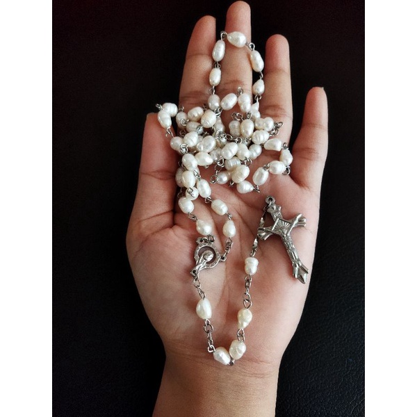 Kalung Rosario mutiara air tawar asli 8 mm anti karat