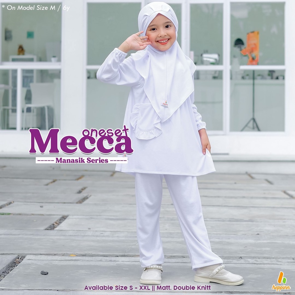 Heppinn-Oneset Manasik Mecca Bahan Double Knitt Warna Putih Setelan Atasan Celana Jilbab Anak Peremp