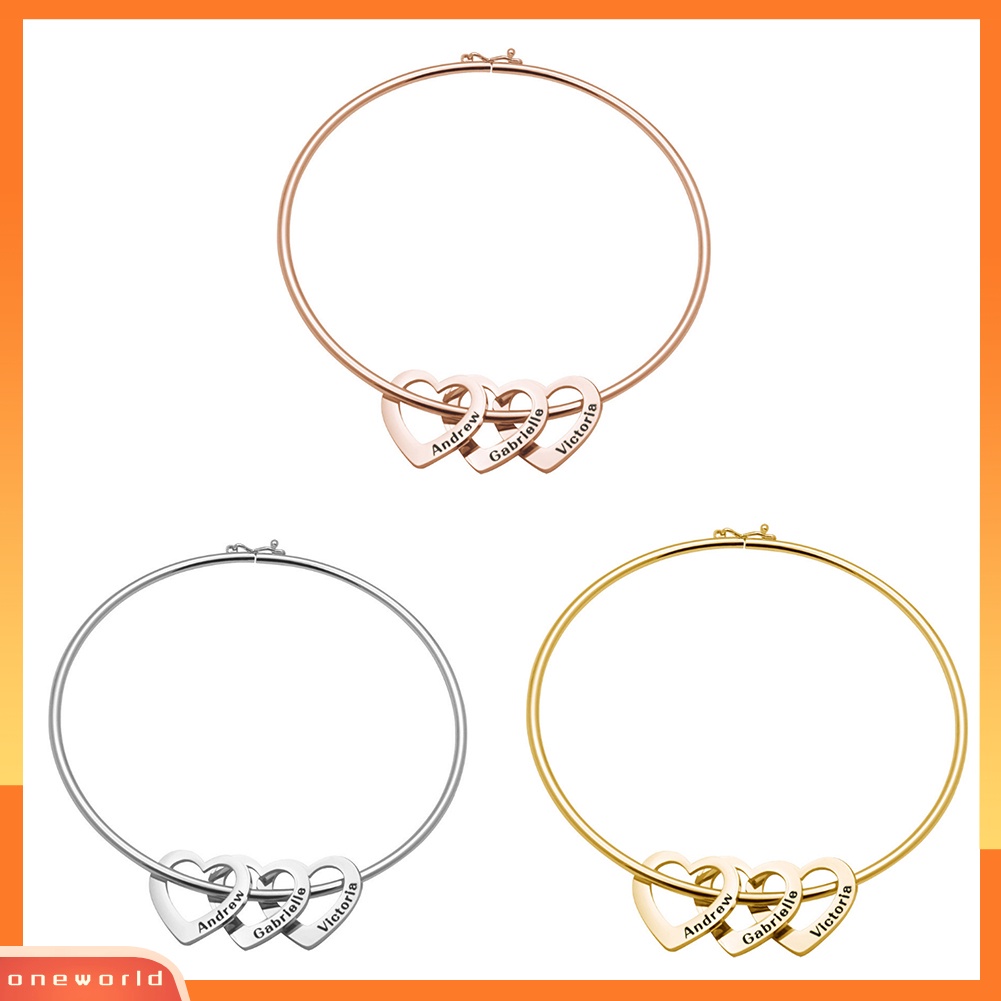 [WONE] Wanita Cinta Hati Ukir Nama Stainless Steel Gelang Bangle Perhiasan Hadiah