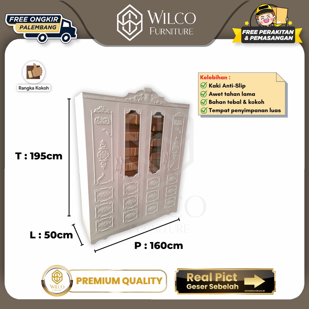 Lemari Pakaian 4 Pintu / Lemari Baju 4P Ukiran Minimalis Putih