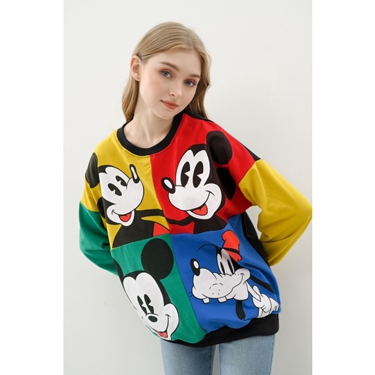 Sweater Wanita tangan panjang Print Mickey Color Block Free masker