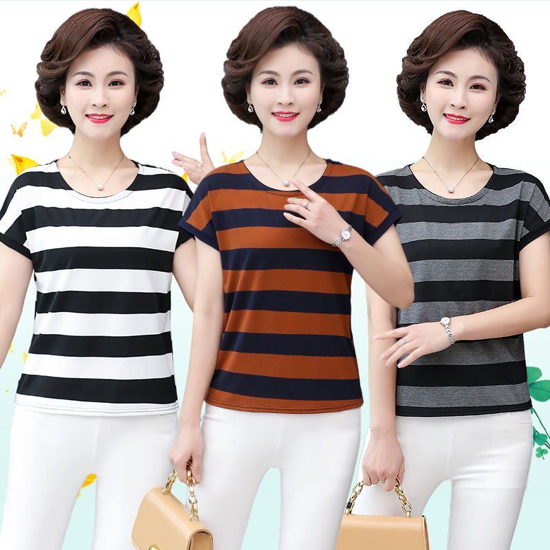 Busana Baru Wanita Ukuran Besar Bergaris-garis Kaos Katun Lengan Pendek Bergaris-garis Ibu Paruh Bay