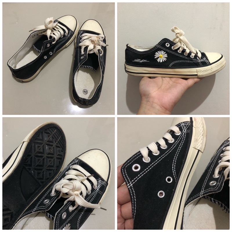 Preloved Sepatu Hitam Tali Putih Converse Motif Bunga Daisy Korean Style Lucu Murah Size 40