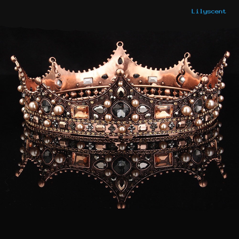 [LS]Retro Baroque Beaded Queen Tiara Crown Pernikahan Hiasan Kepala Bando Aksesoris Rambut