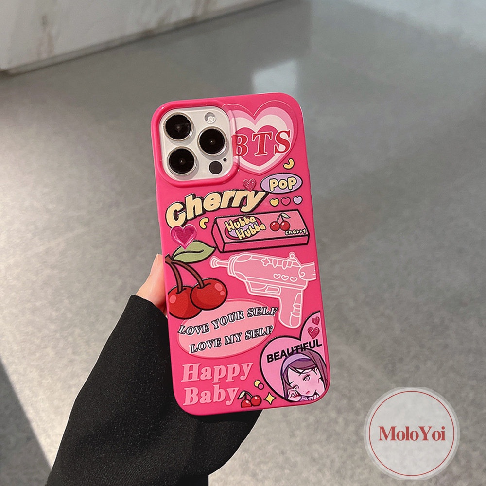 IPHONE Case Kompatibel Untuk Iphone14 11 13 12 Pro Max XR 78 Plus X XS Max SE 2020 Permen Glossy Shockproof Protection Camera Ros Red Kartun Label Cherry Lembut Tpu Silicon Back Cover