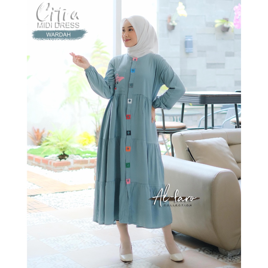 Midi dress viral kekinian citra janeta terbaru modern style baju gamis kancing warna warni terlaris