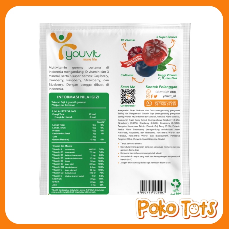 Youvit Multivitamin Dewasa Isi 7 &amp; 30 Gummies With Vitamin C, D, E dan Zink Suplemen Kekebalan Tubuh