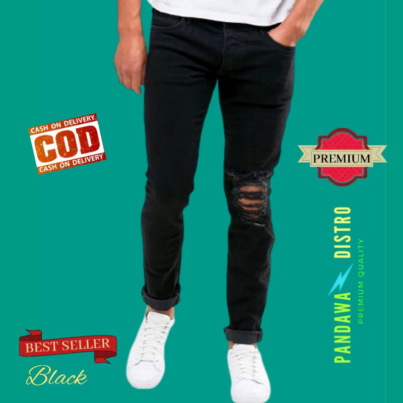 CELANA SOBEK PRIA RIPPED JEANS ROBEK SLIMFIT PENSIL SKINNY STRETCH PANJANG HITAM PREMIUM 27-38