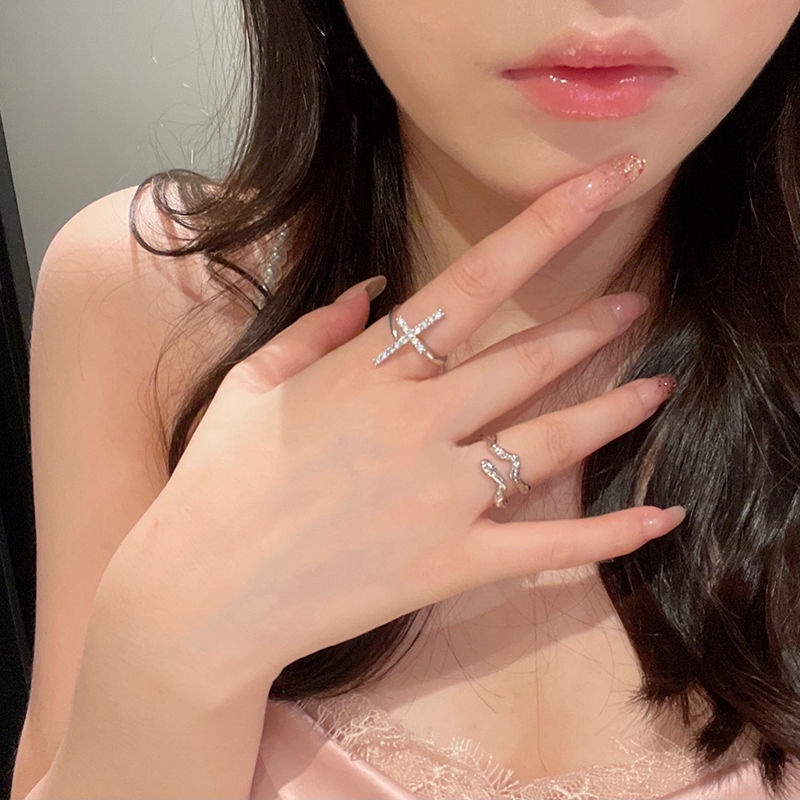 Fashion Wanita Perhiasan Paduan Perak Berlapis Berlian Imitasi Cross Opening Ring