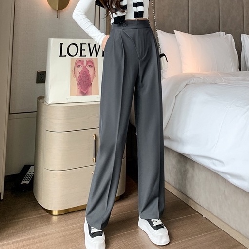 Korea Celana Kulot Hitam Kasual Wanita Loose High Waist Straight Leg Pants Women