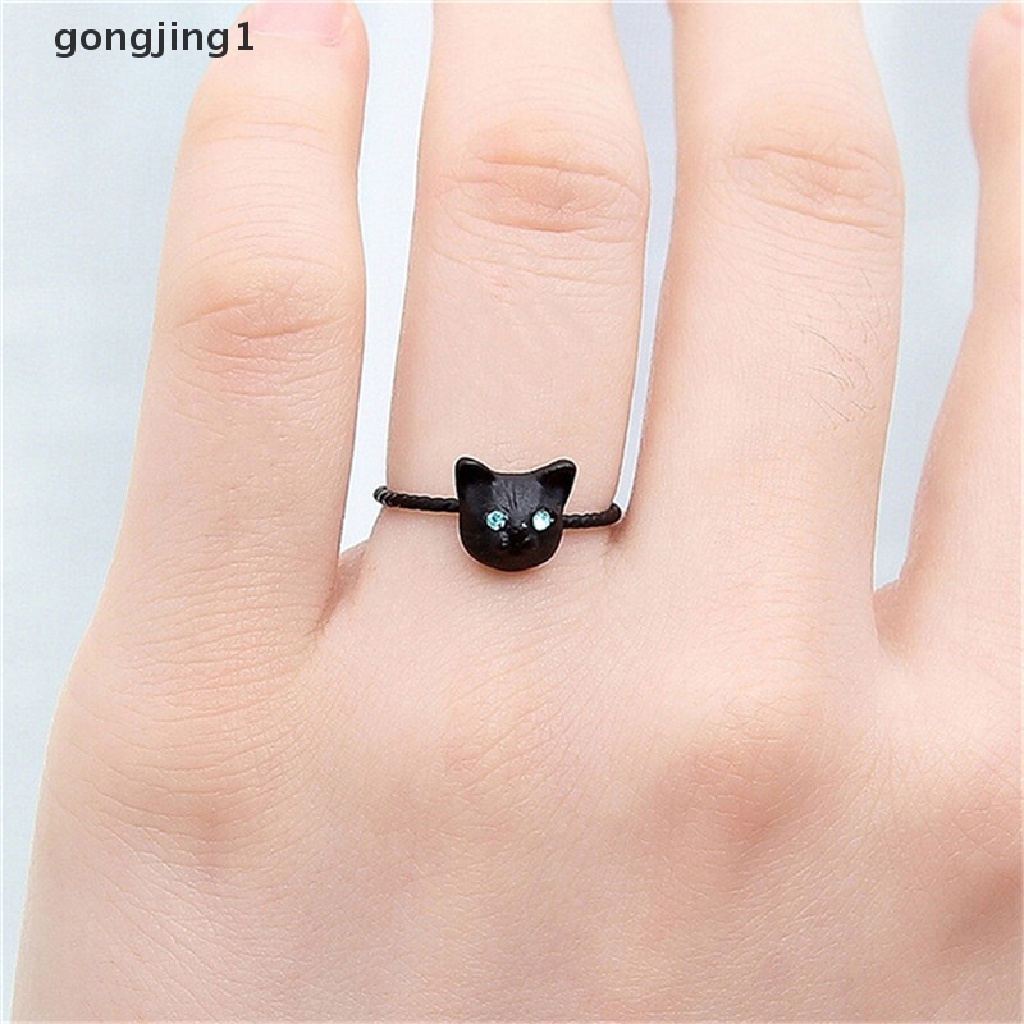 Ggg 1Pc Wanita Mini Indah Kucing Berbentuk Cincin Berlian Imitasi Studd Ring Hitam Emas Perak ID