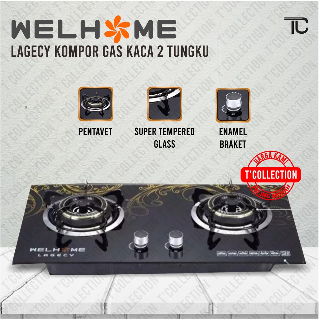 Kompor gas kaca 2 tungku tanam Welhome Lagecy